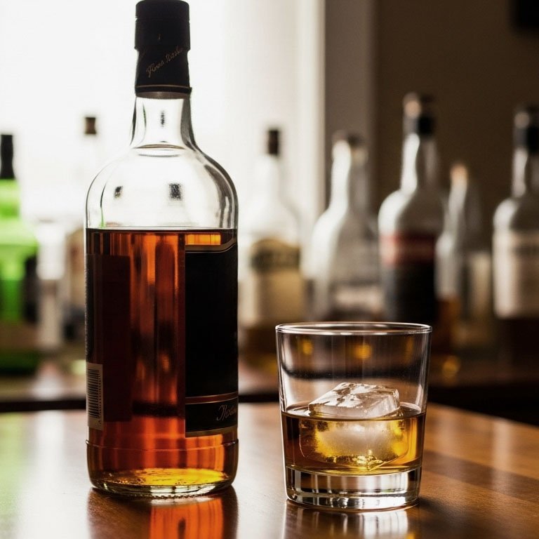 Стакан с виски стоит рядом с бутылкой